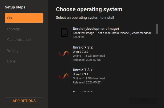 USB Creator operating system
selection