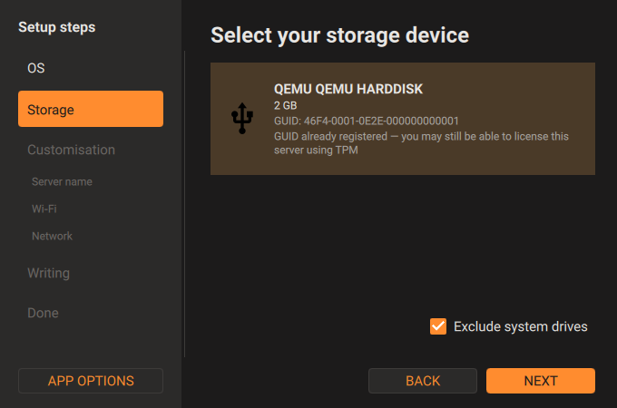 USB Creator storage device
selection